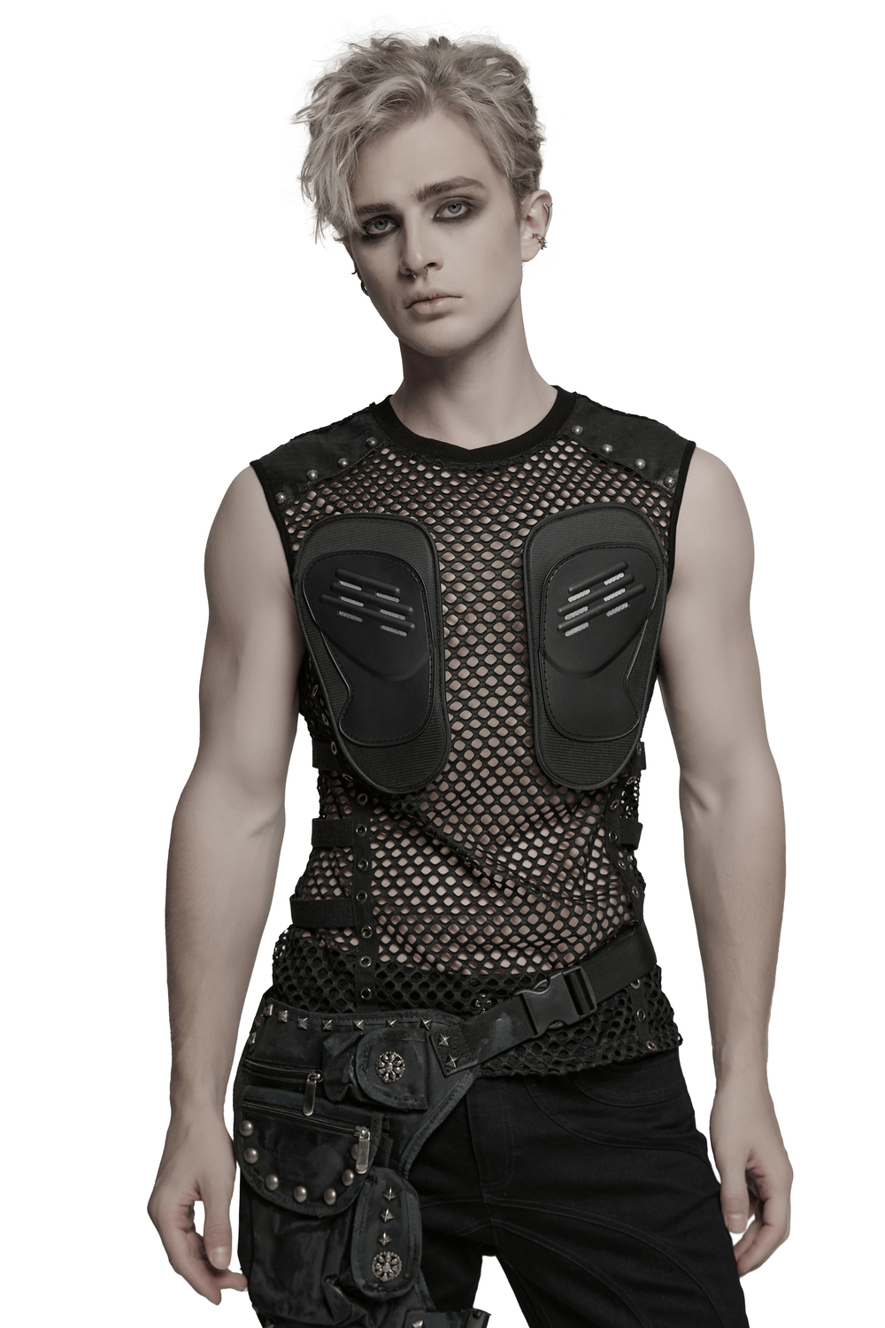 Men's cyberpunk mesh top with faux leather and studs for a rugged, edgy festival look.