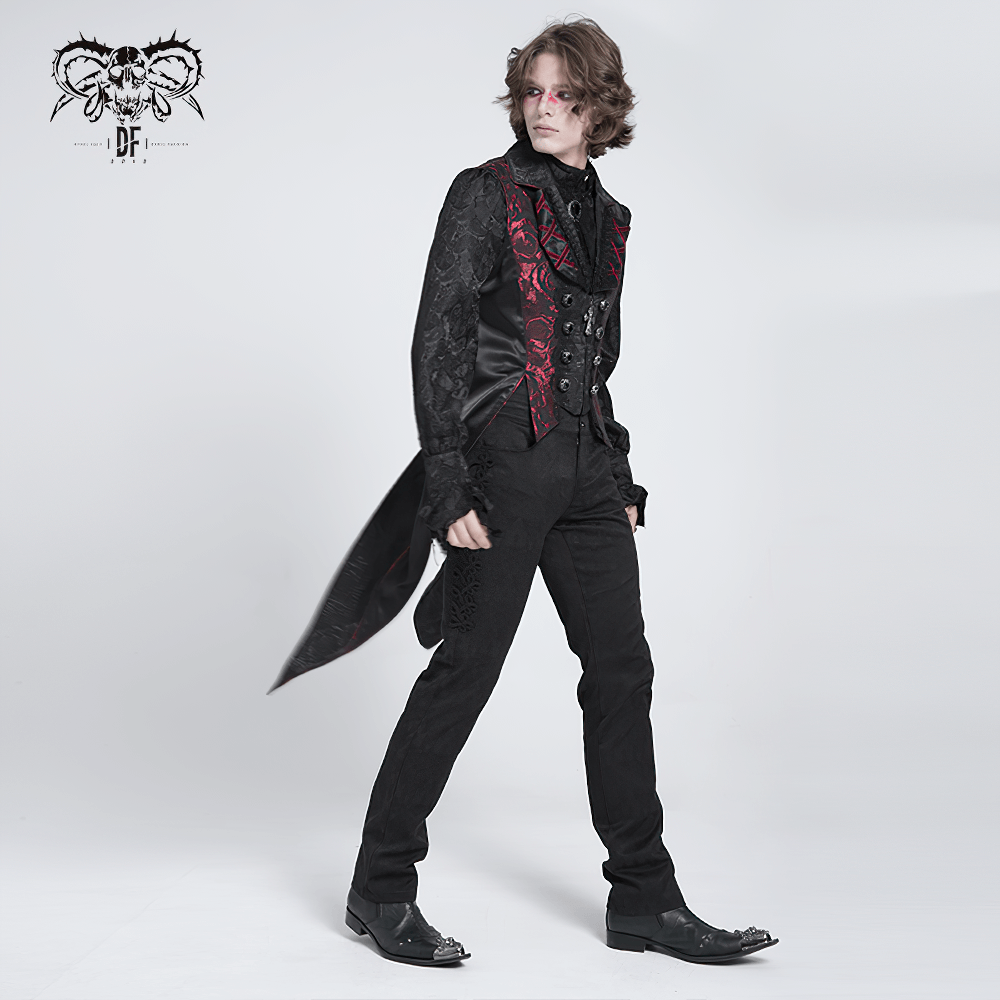 Men's Gothic brocade tailcoat vest with cross detail, featuring a dramatic red rose design and structured fit.