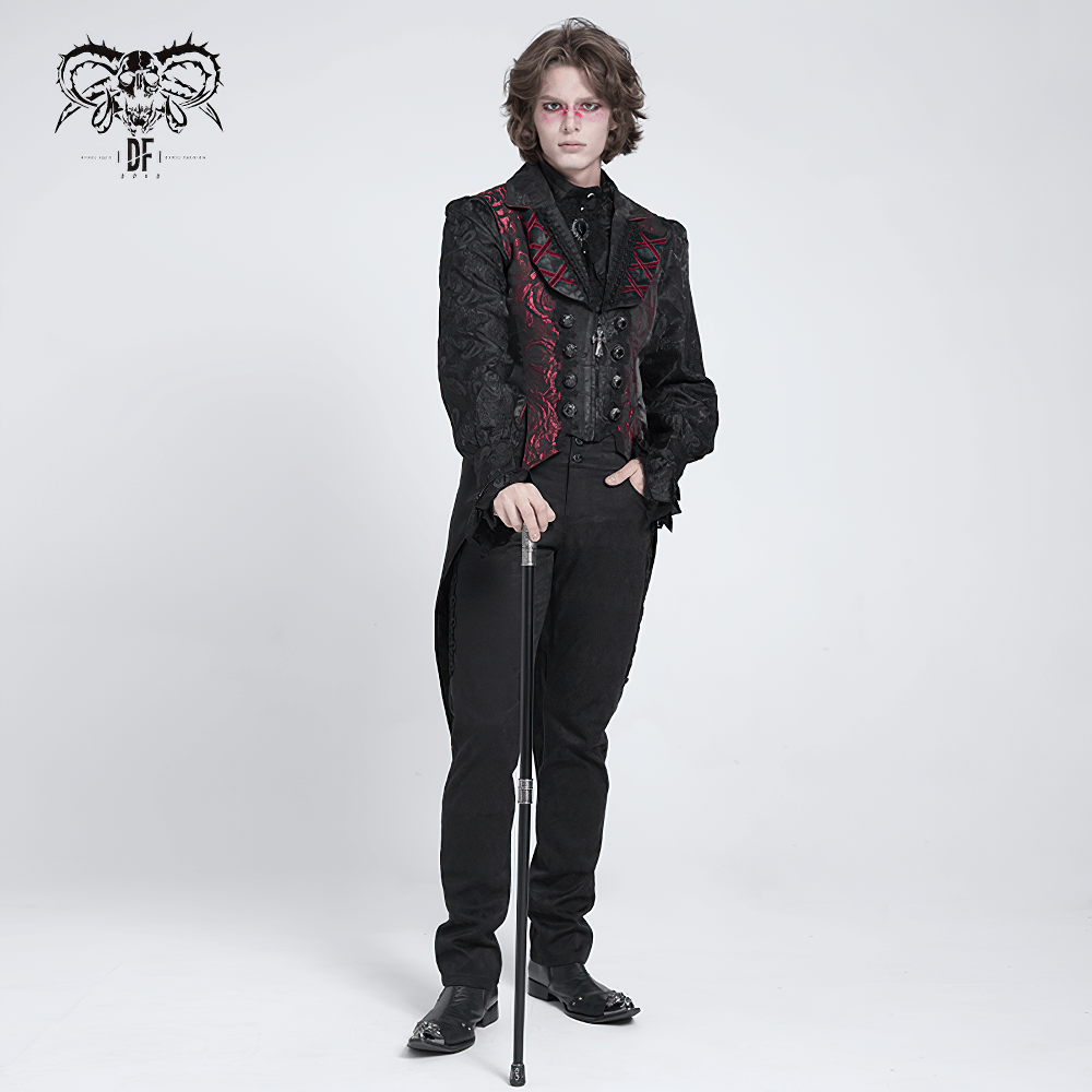 Men’s Gothic Brocade Tailcoat Vest featuring a rose pattern and dramatic silhouette, perfect for dark Victorian style.