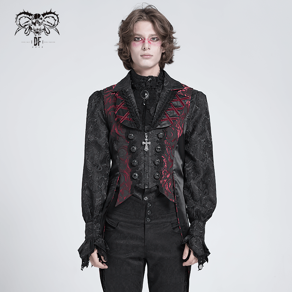 Men’s Gothic brocade tailcoat vest with cross detail and red rose pattern, perfect for steampunk and vampire styles.