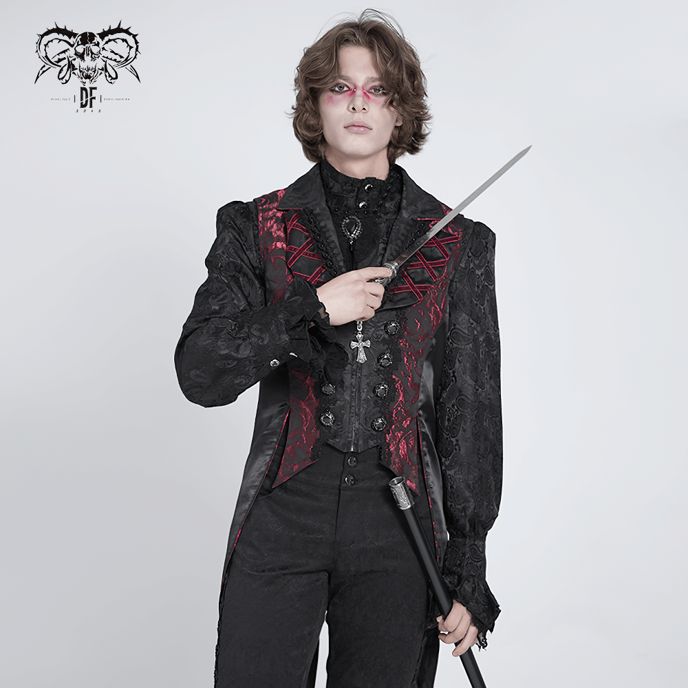 Men’s Gothic brocade tailcoat vest with cross detail, featuring a dramatic tailcoat silhouette.