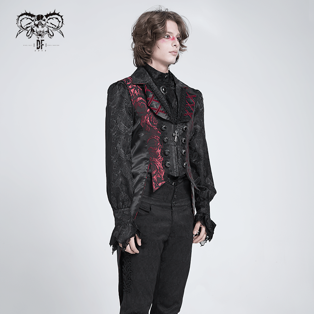 Men's Gothic brocade tailcoat vest in black with red rose design, ideal for vampire and steampunk styles.