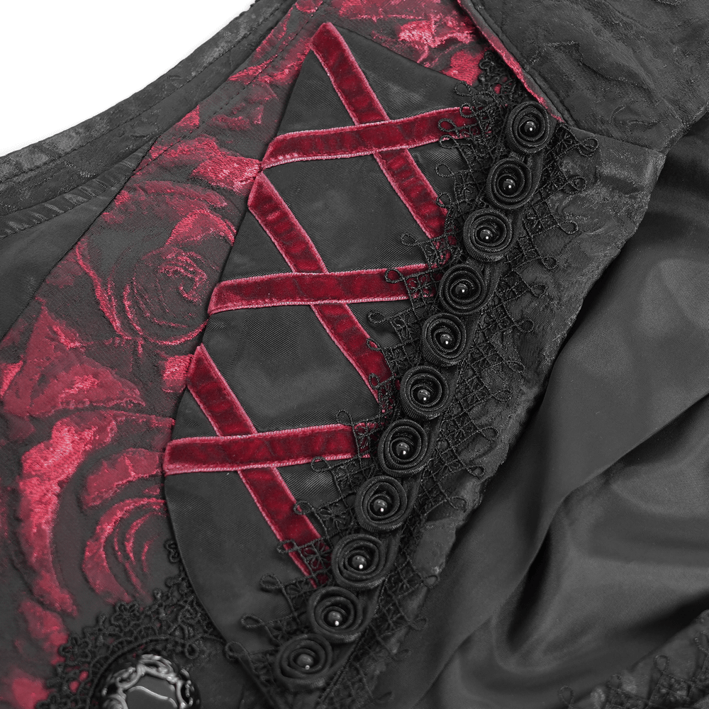 Close-up of the dark red rose brocade and intricate cross button detail on a men's gothic tailcoat vest.
