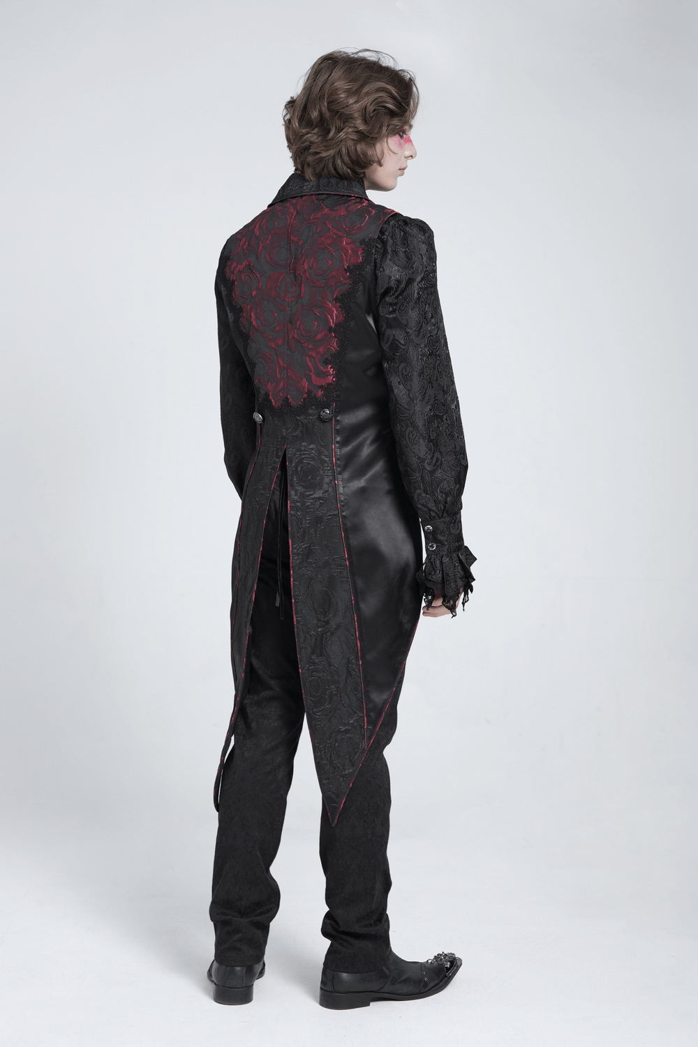 Men’s Gothic Brocade Tailcoat Vest showcasing a dramatic rose design and elegant tailcoat silhouette.
