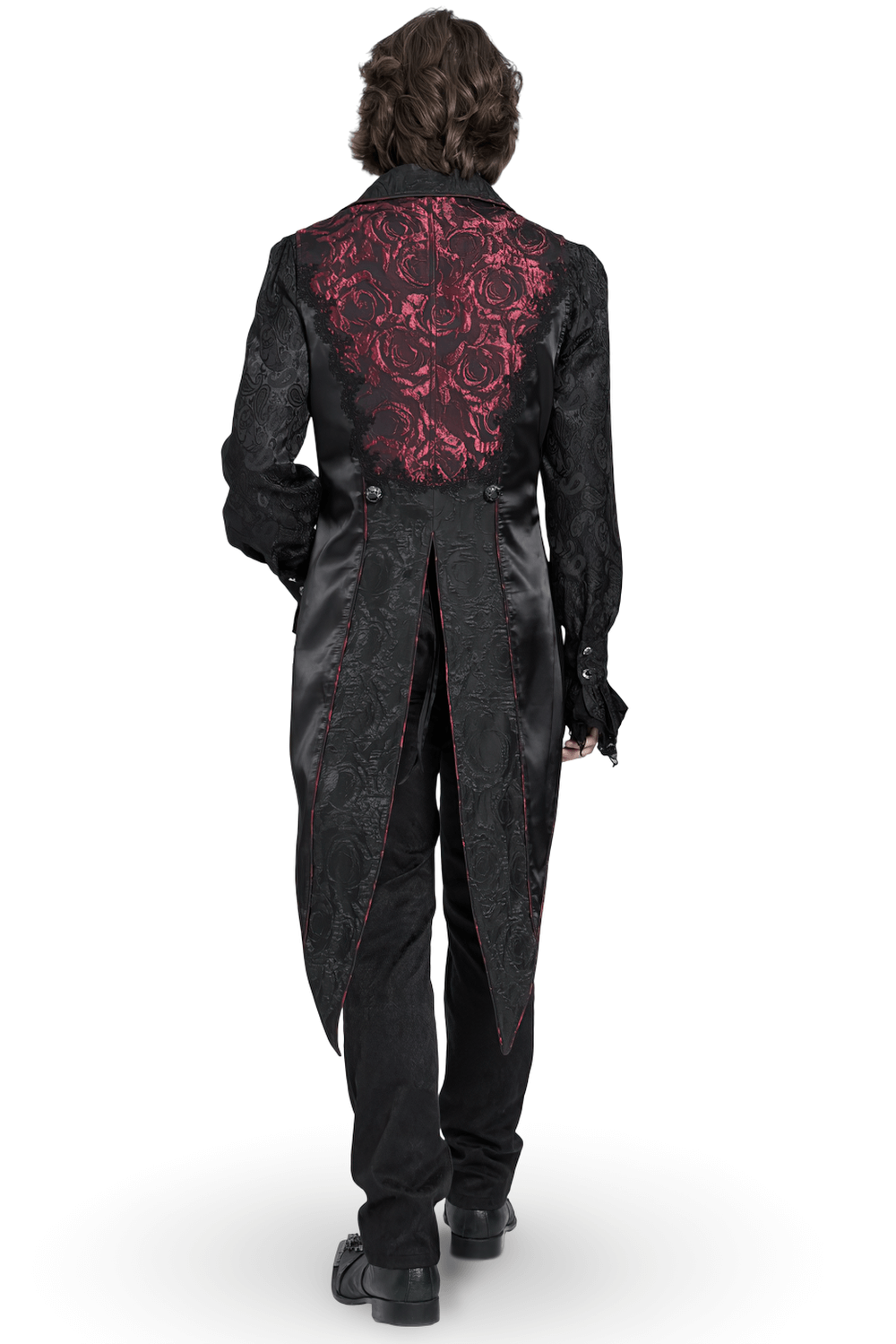 Men's Gothic Brocade Tailcoat Vest with a dramatic rose pattern and elegant cross button detailing.