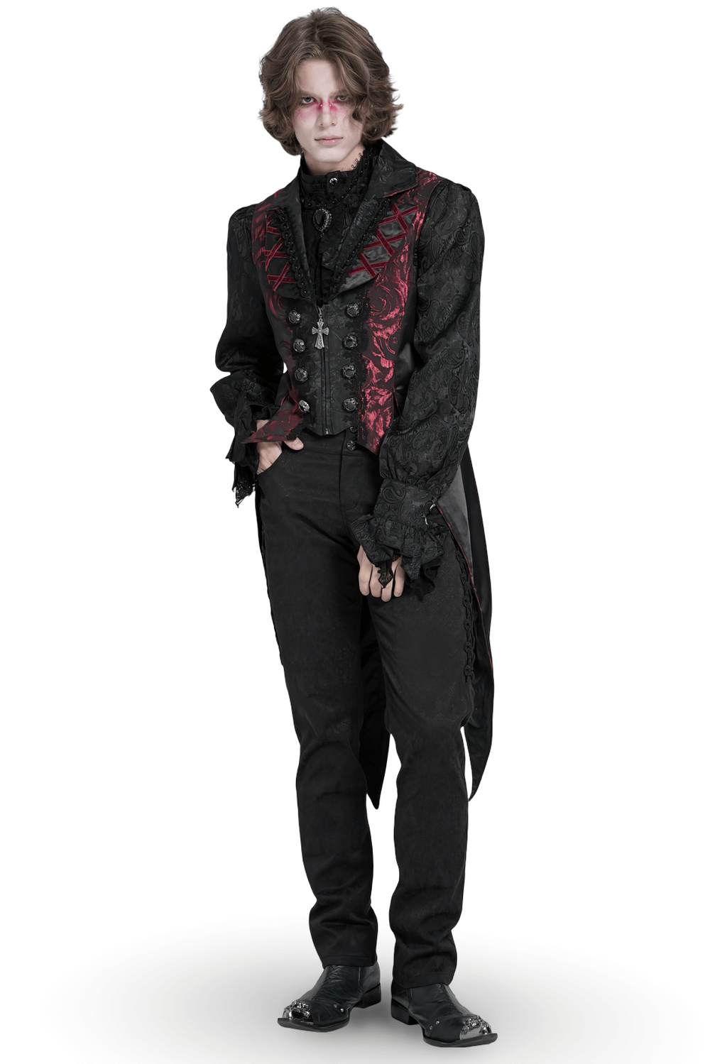 Men's gothic brocade tailcoat vest with cross detail and dark rose design, ideal for vampire or steampunk outfits.