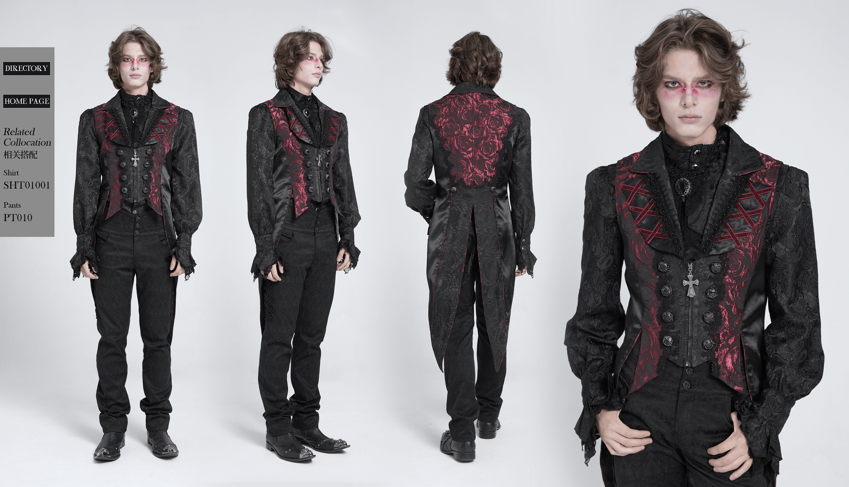 Men's gothic brocade tailcoat vest in deep red rose design with cross buttons and dramatic silhouette.