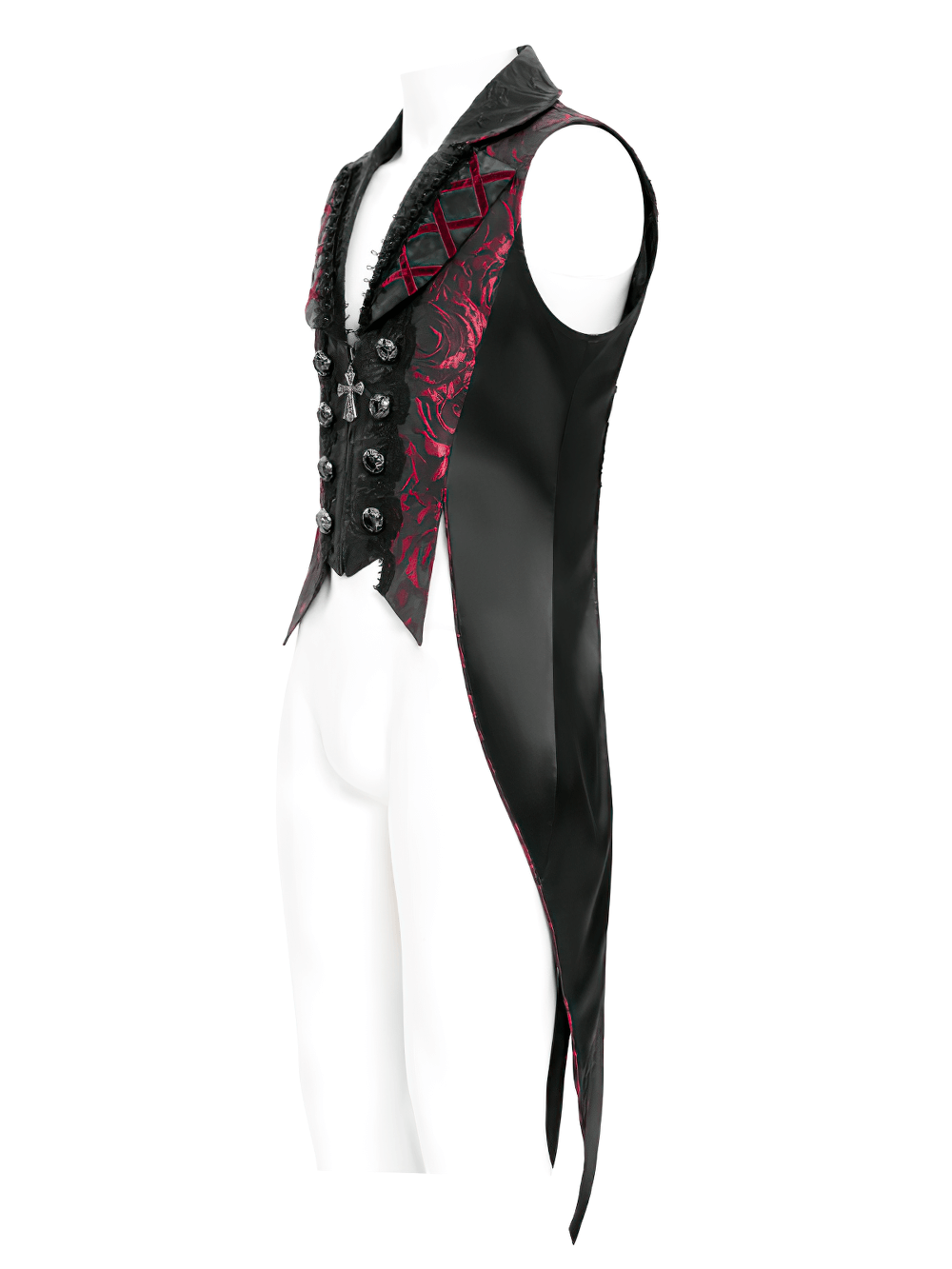 Men's gothic brocade tailcoat vest with rose design, cross buttons, and sharp collar, perfect for steampunk or vampire style.