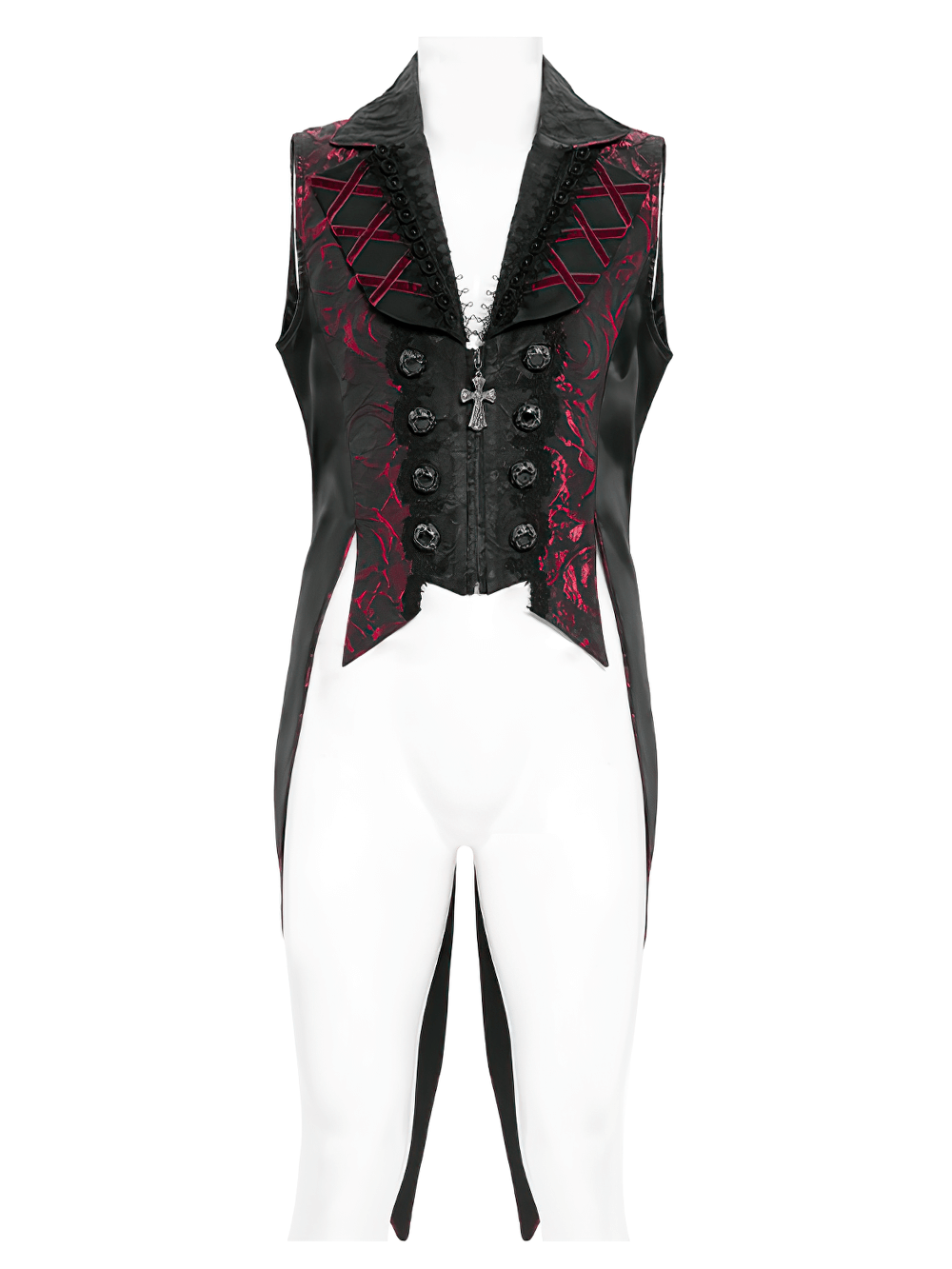 Men's Gothic Brocade Tailcoat Vest featuring deep red rose pattern, cross button detailing, and dramatic tailcoat silhouette.