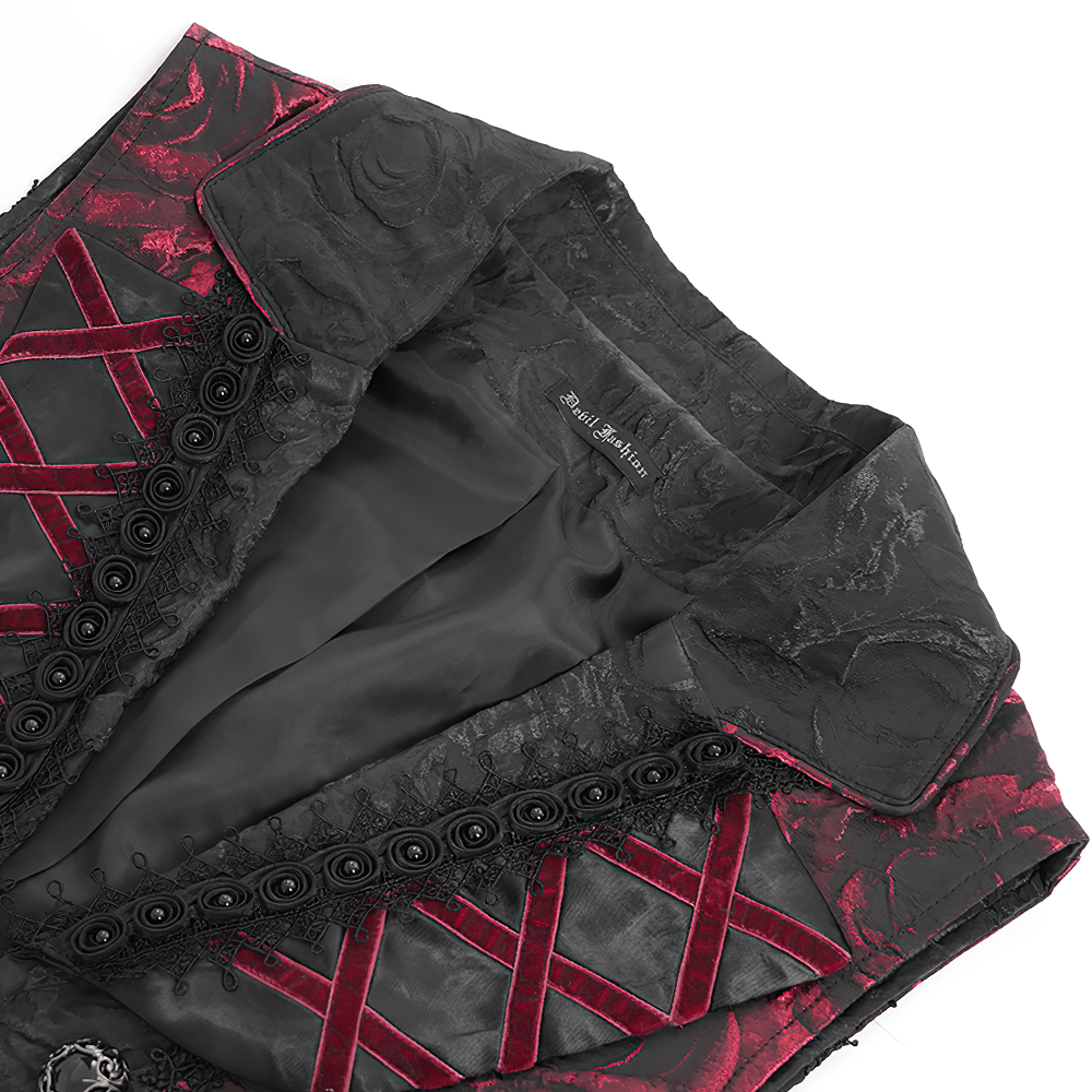 Men's Gothic brocade vest with deep red rose design, cross details, and dramatic collar, perfect for a dark Victorian style.