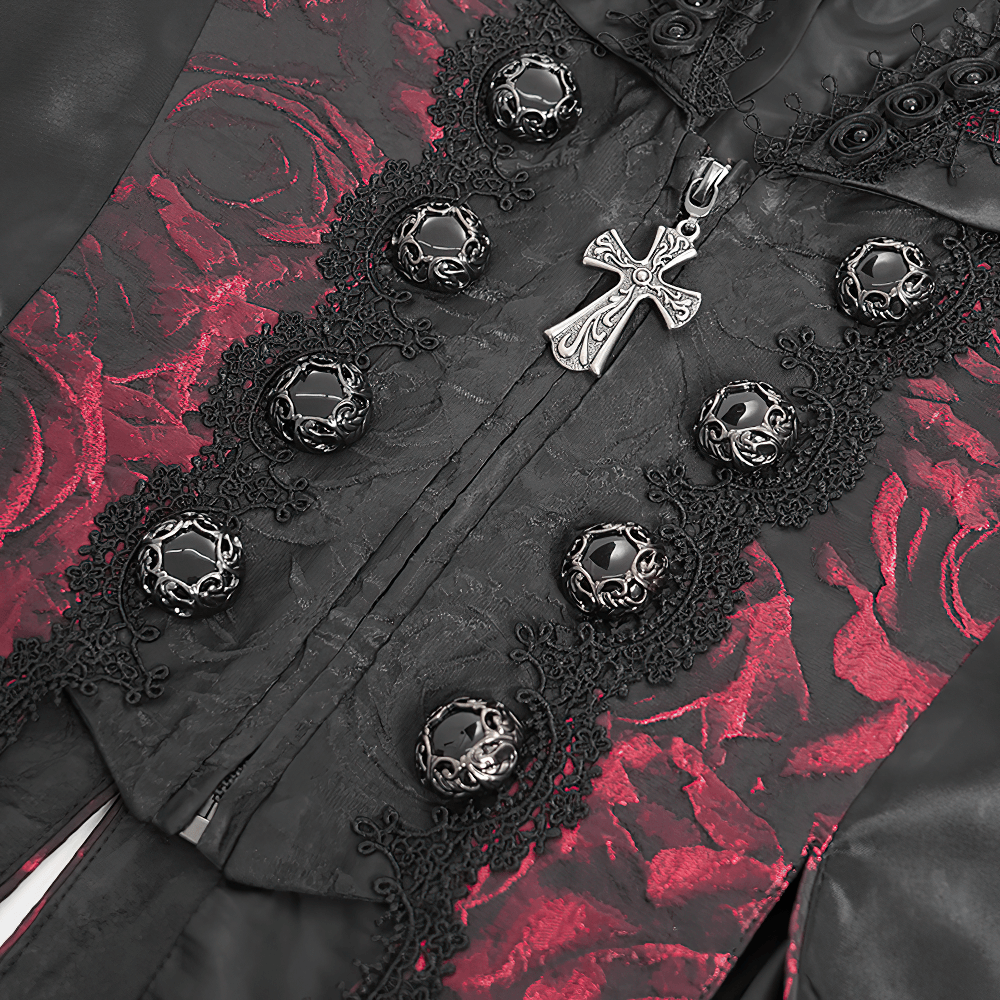 Men's gothic vest featuring deep red rose brocade, cross buttons, and intricate detailing for a dark Victorian look.