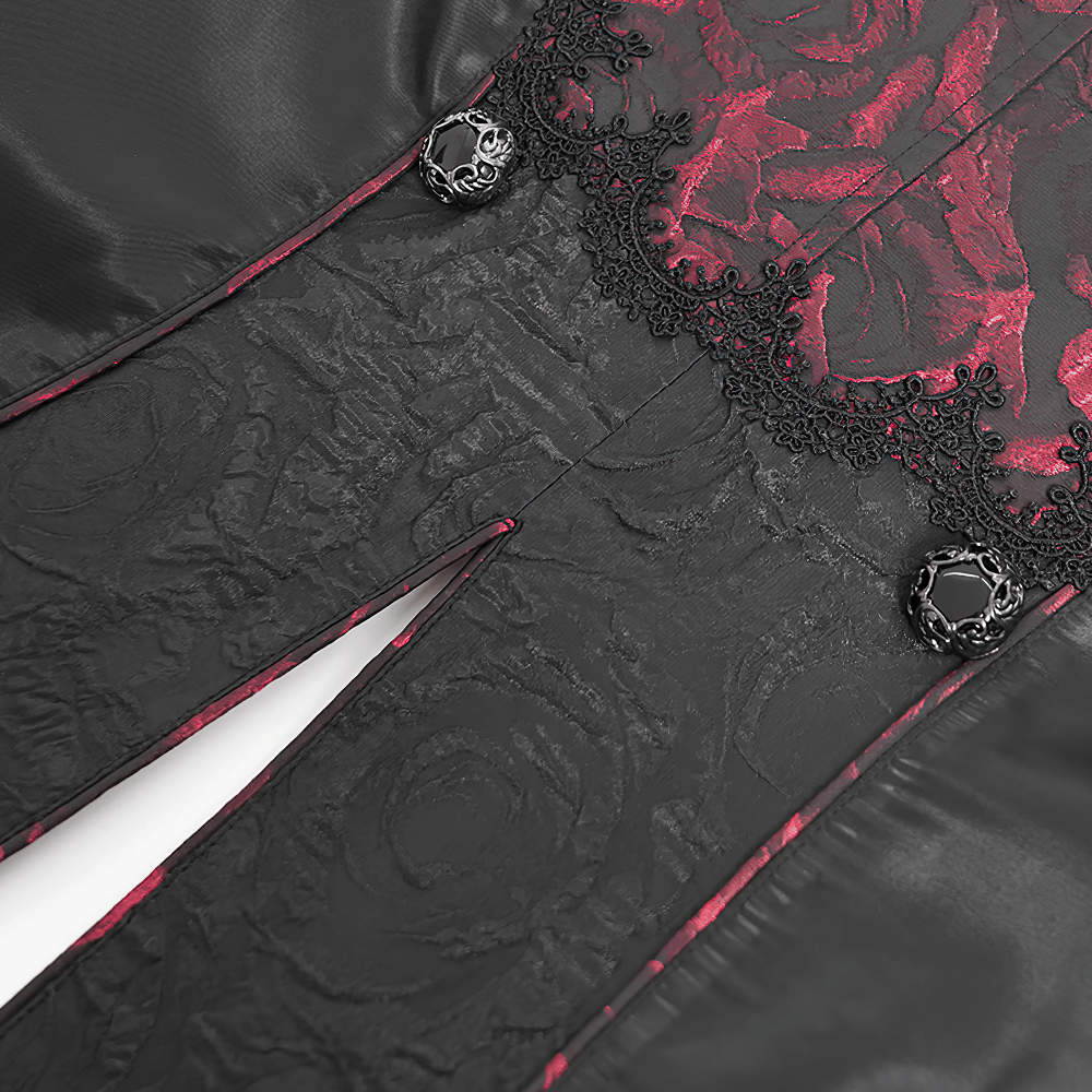 Close-up of men's gothic vest with deep red rose brocade, black panels, and cross button detailing.
