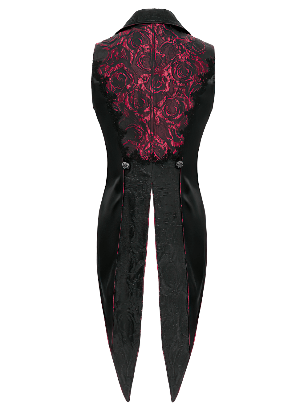 Men's Gothic Brocade Tailcoat Vest with Red Rose Design and Cross Detailing, dramatic tailcoat silhouette.