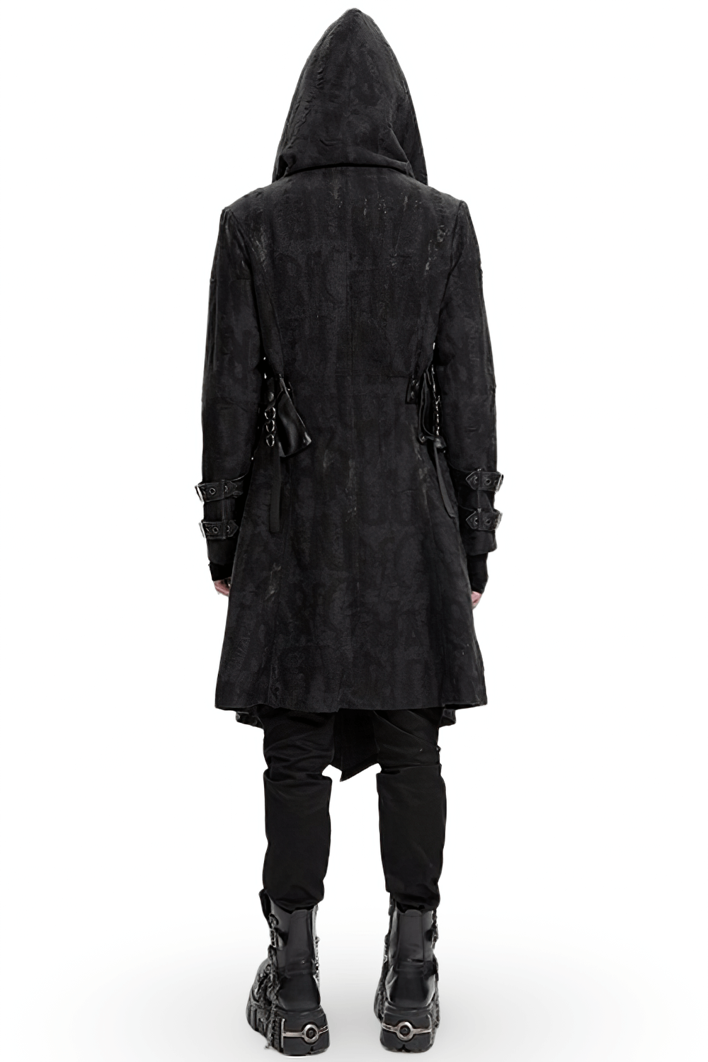 Men’s gothic hooded coat with buckles and chains, showcasing a dark aesthetic perfect for streetwear or cosplay.