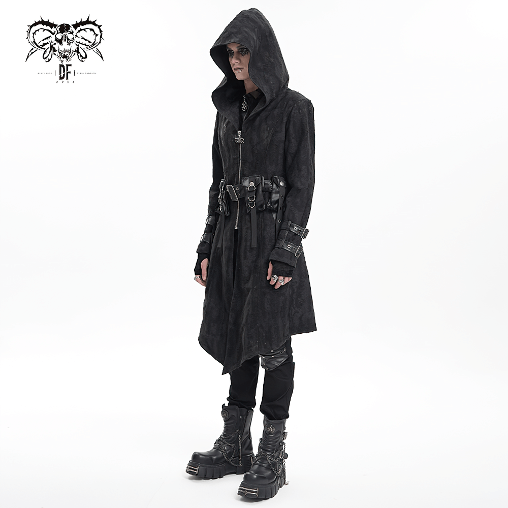 Men's gothic hooded coat with chains, buckles, and textured fabric for dark aesthetic streetwear.