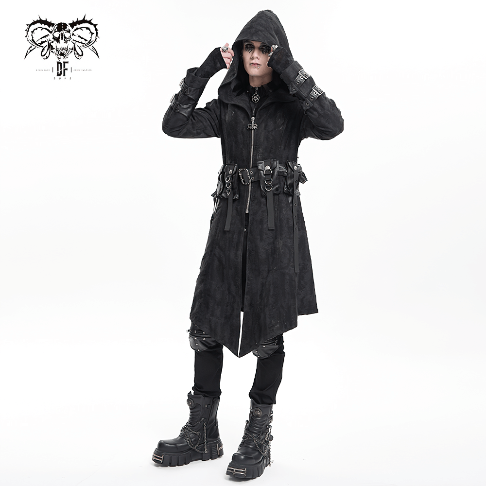 Men’s Gothic Hooded Coat with Buckles and Chains