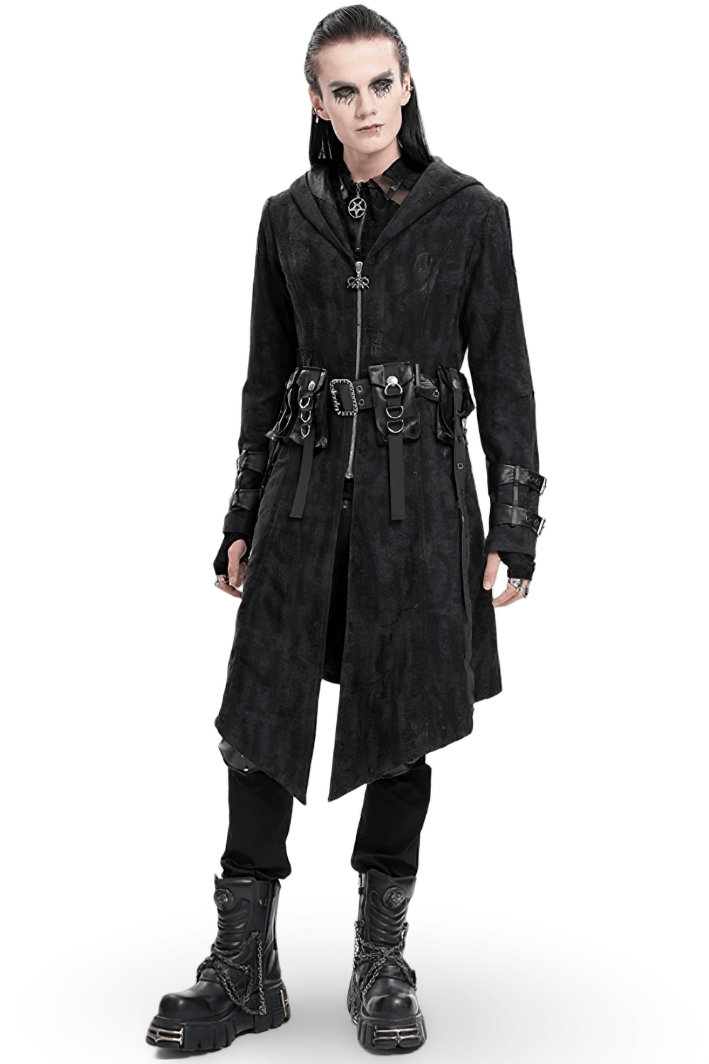 Men's gothic hooded coat with buckles and chains in dark aesthetic style, perfect for festivals or streetwear.