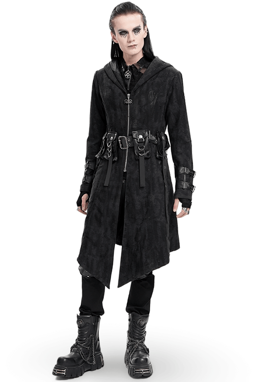 Herren Gothic Mantel mit Kapuze, Schnallen und Ketten