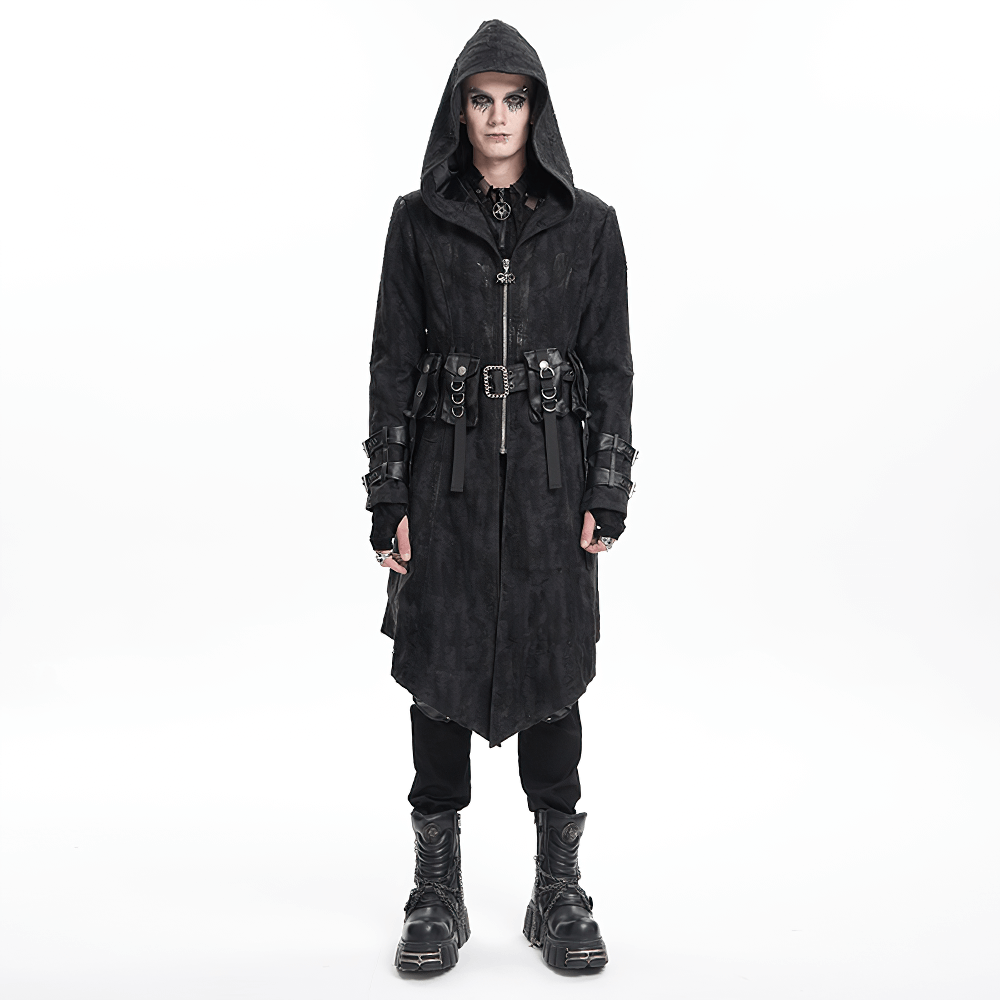 Men’s gothic hooded coat with buckles and chains, showcasing dark aesthetic streetwear style.