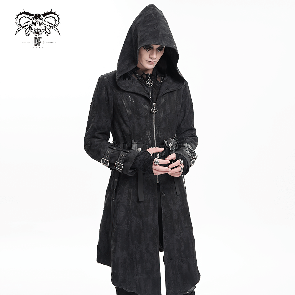 Men’s Gothic Hooded Coat with Buckles and Chains