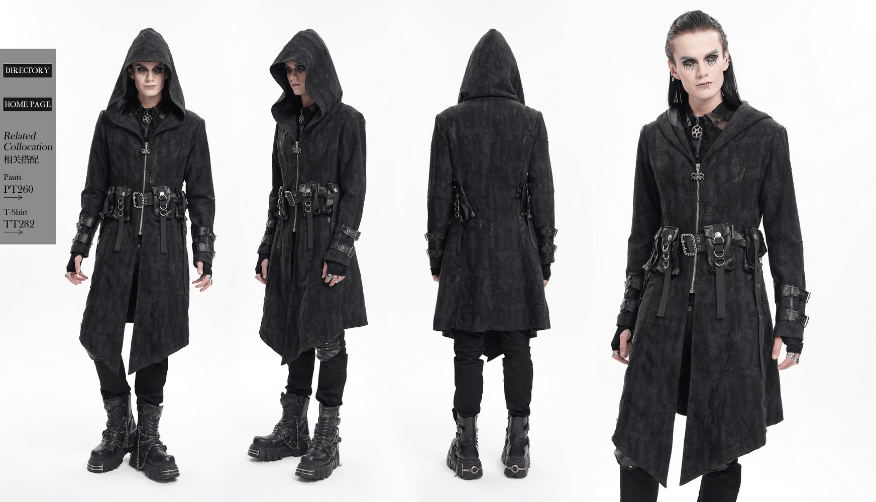 Men’s Gothic Hooded Coat with Buckles and Chains