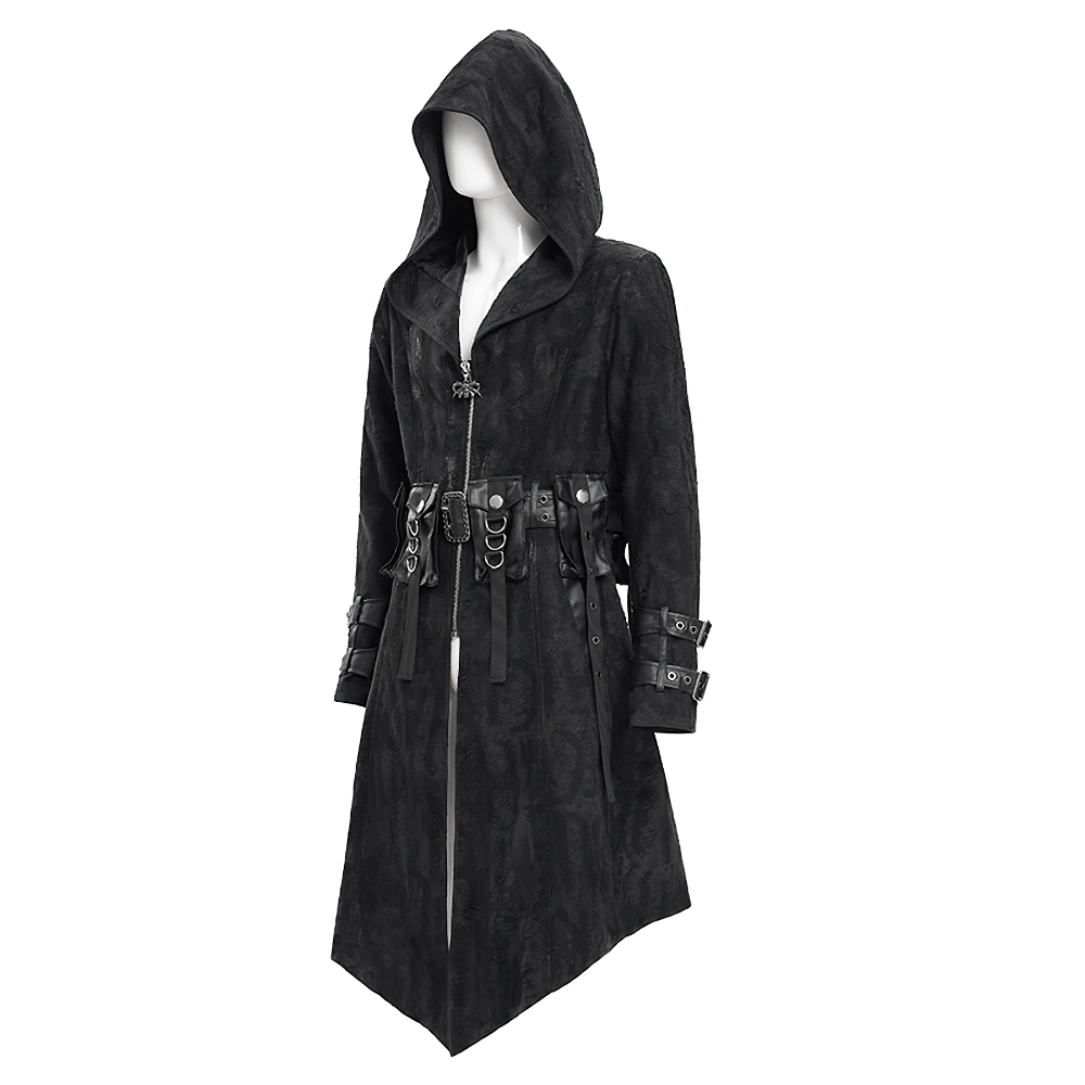 Men's gothic hooded coat with buckles and chains, showcasing a dark aesthetic and textured design, perfect for streetwear.