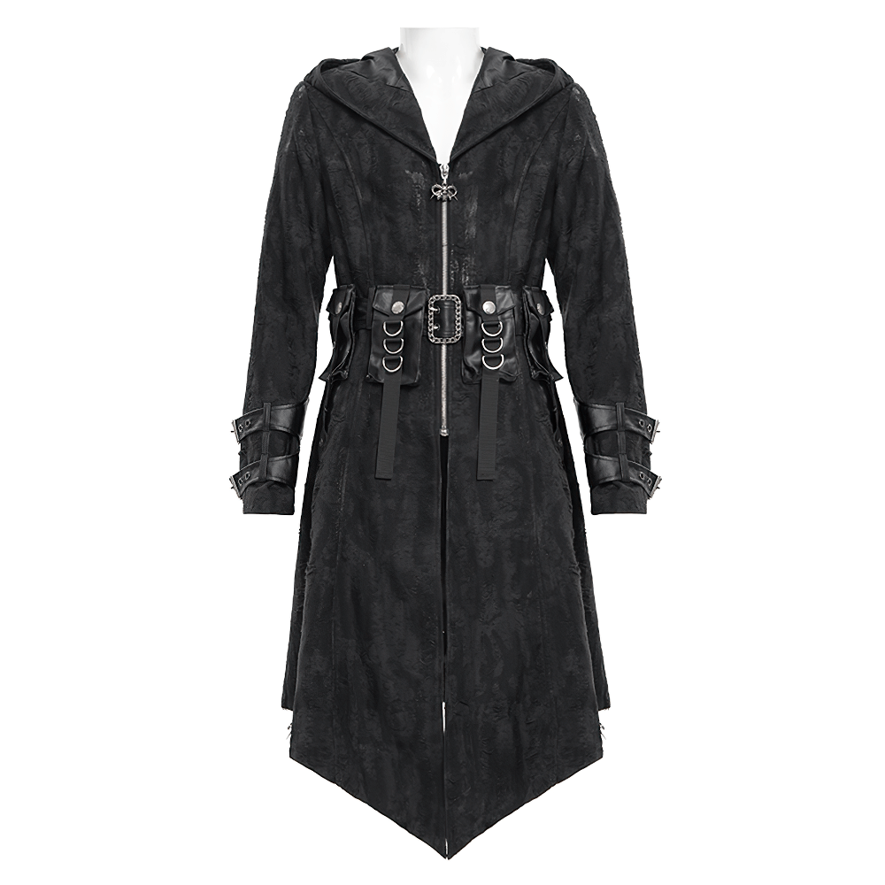 Men's gothic hooded coat in black, featuring buckles, chains, and a stylish zip-up closure.