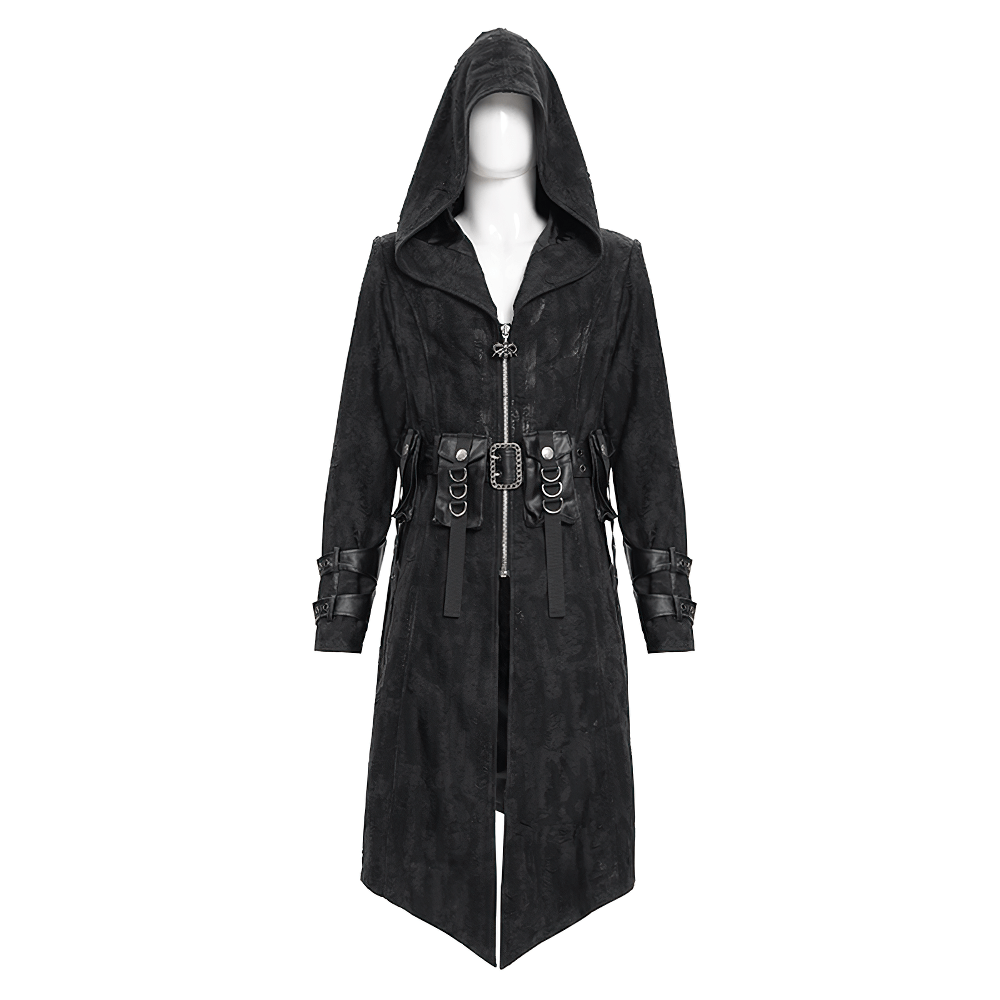 Men’s gothic hooded coat with buckles and chains, perfect for dark streetwear and festivals.