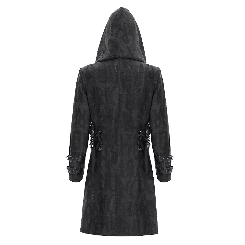 Men's gothic hooded coat with buckles and chains, showcasing a textured black design from the back.