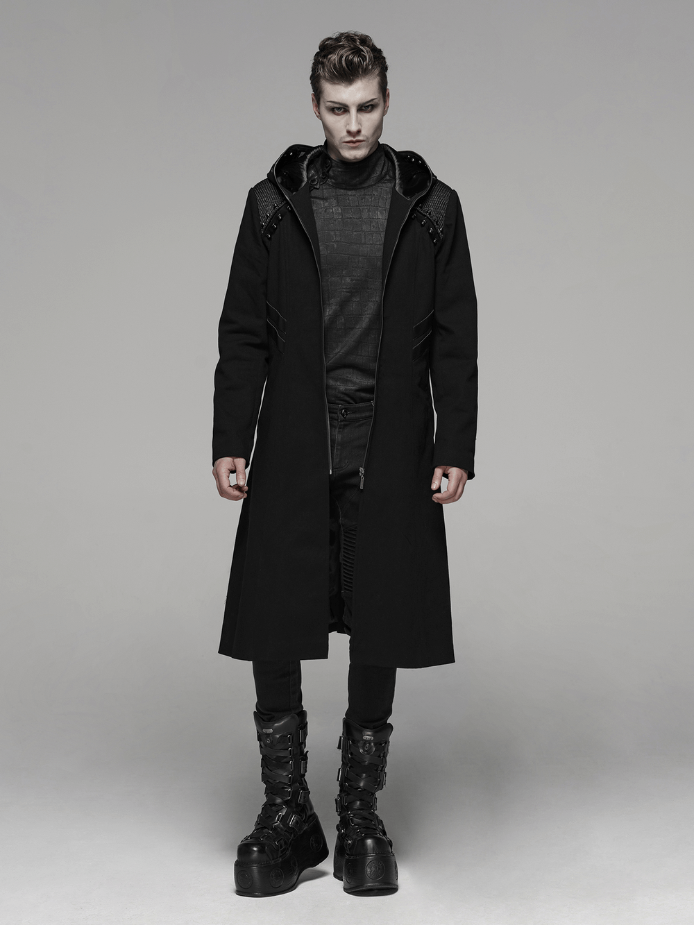 Men's gothic long coat with hood, leather accents, and striking punk style, perfect for a fashionable look.