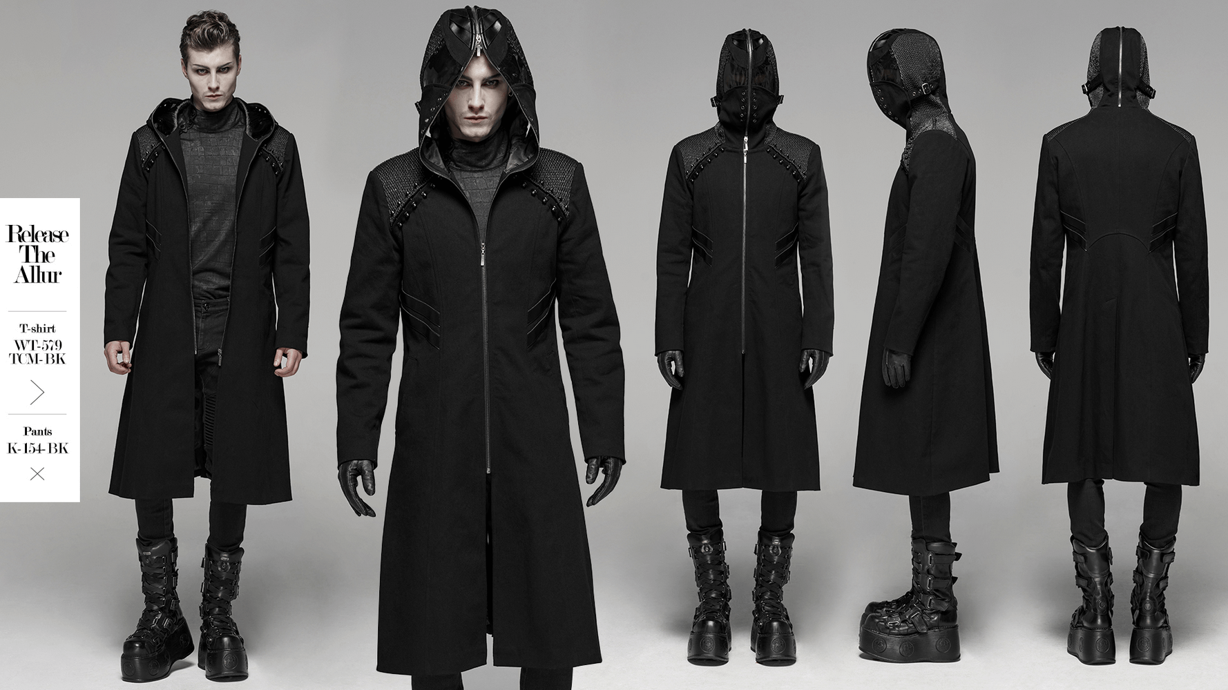 Men's Gothic long coat with hood, leather accents, and zip-up closure showcasing a sleek punk style.