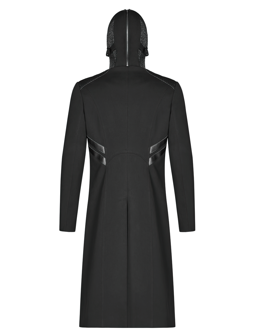 Men's Gothic long coat with hood, leather accents, and sleek fitted design from the back view. Perfect for a punk style!