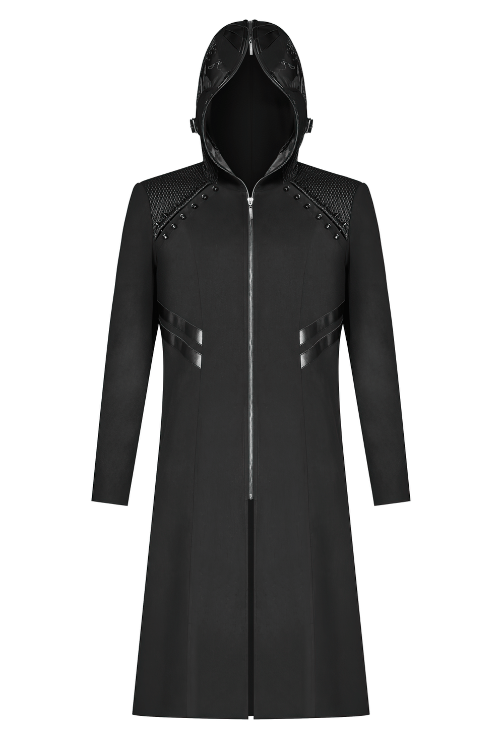 Stylish men's gothic long coat with hood, leather accents, and zip-up closure for a sleek punk look.