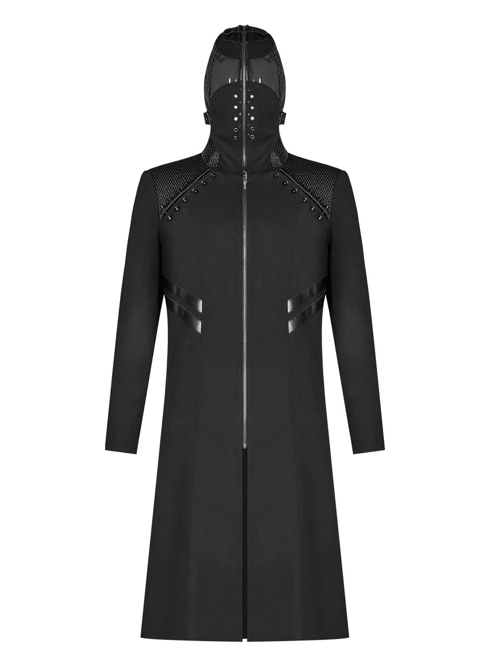 Men's Gothic long coat with hood, leather accents, and striking zip-up design for a punk stylish look.