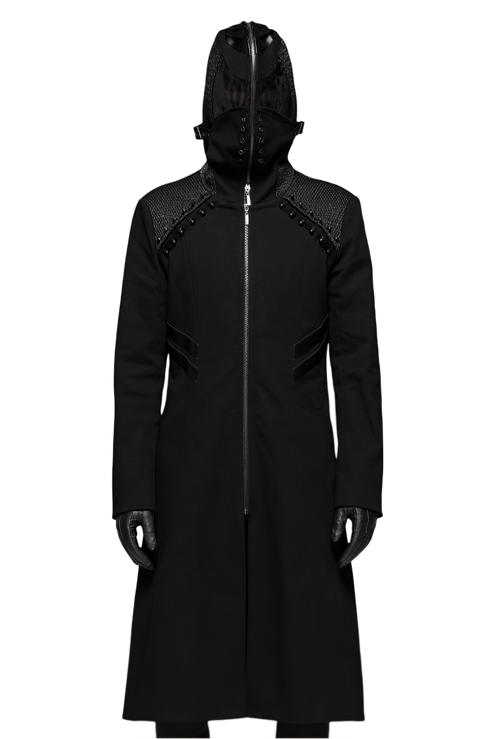 Men's Gothic long coat in black with hood, leather accents, and stylish zip-up closure for a sleek punk look.