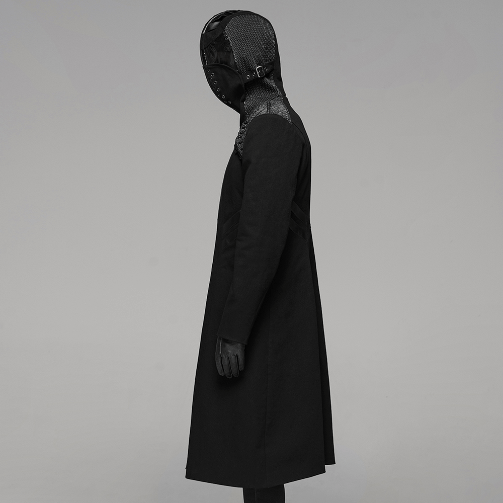 Men's gothic long coat with hood, leather accents, and sleek zip-up design for a punk style look.