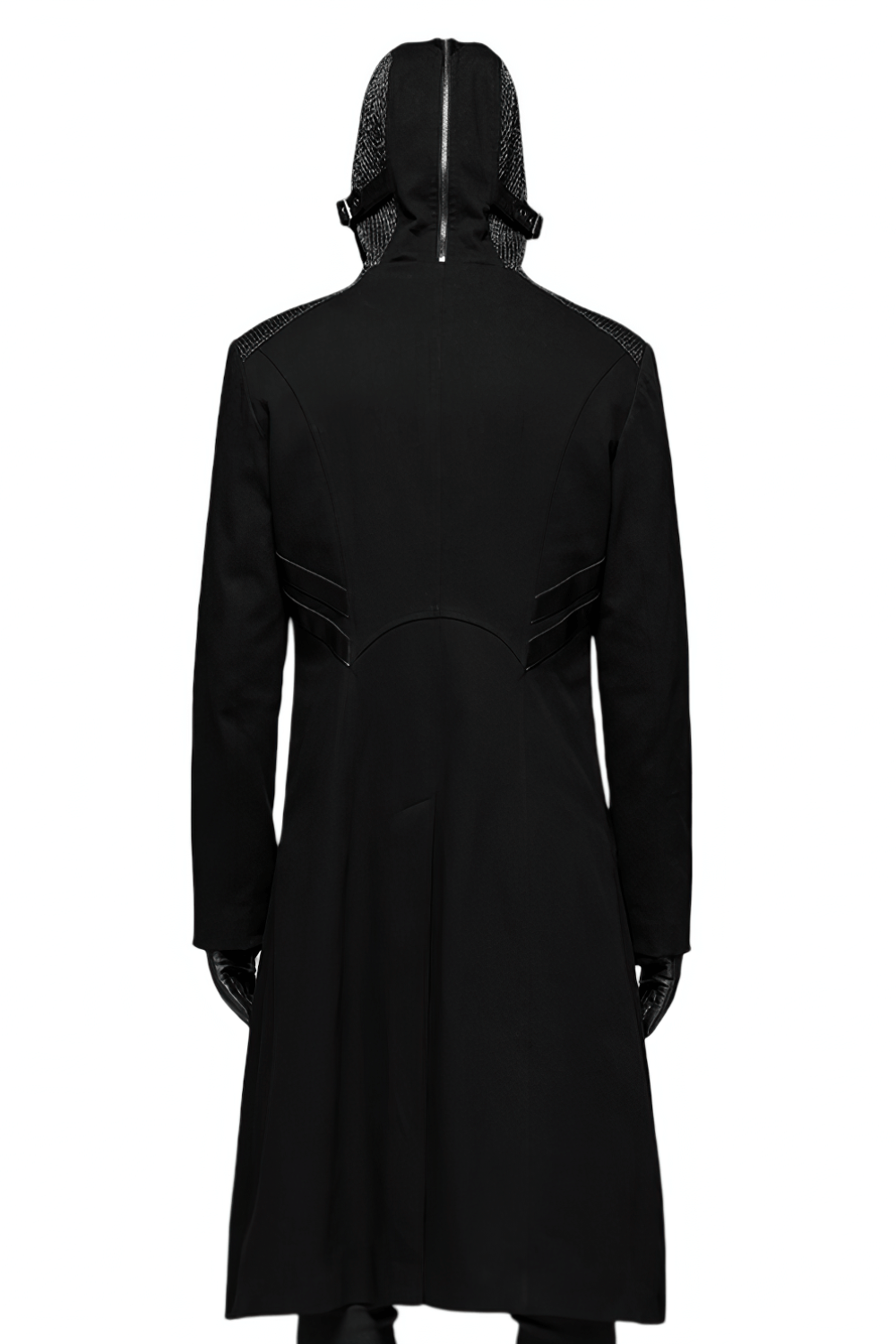 Back view of a men's gothic long coat with hood and leather accents, showcasing its sleek design and unique detailing.