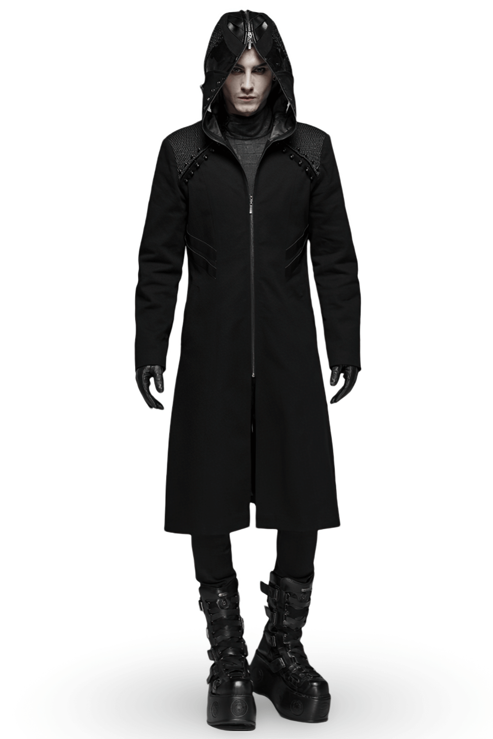 Men's gothic long coat with hood and leather accents, featuring a fitted design and double-headed zipper.