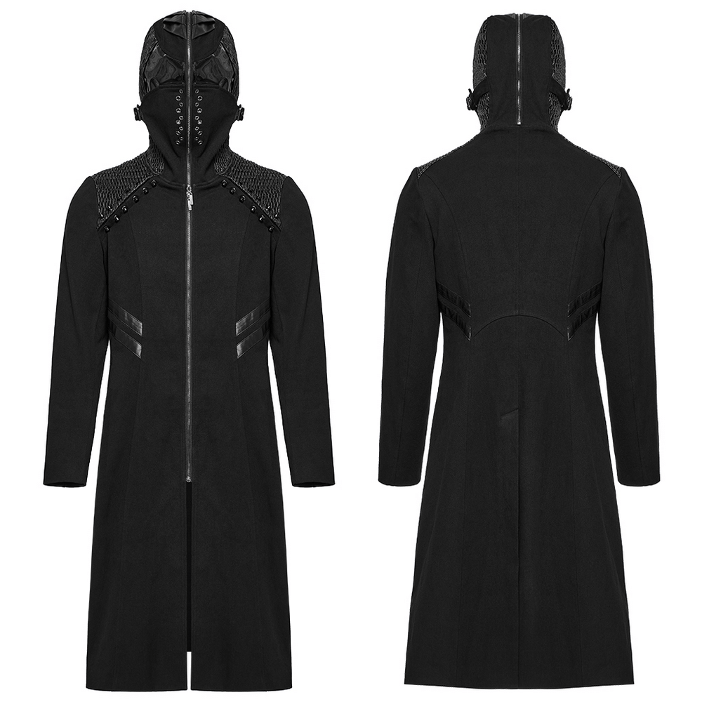 Men's Gothic long coat with hood, leather accents, and striking zip-up closure, showcasing a sleek, punk-inspired design.