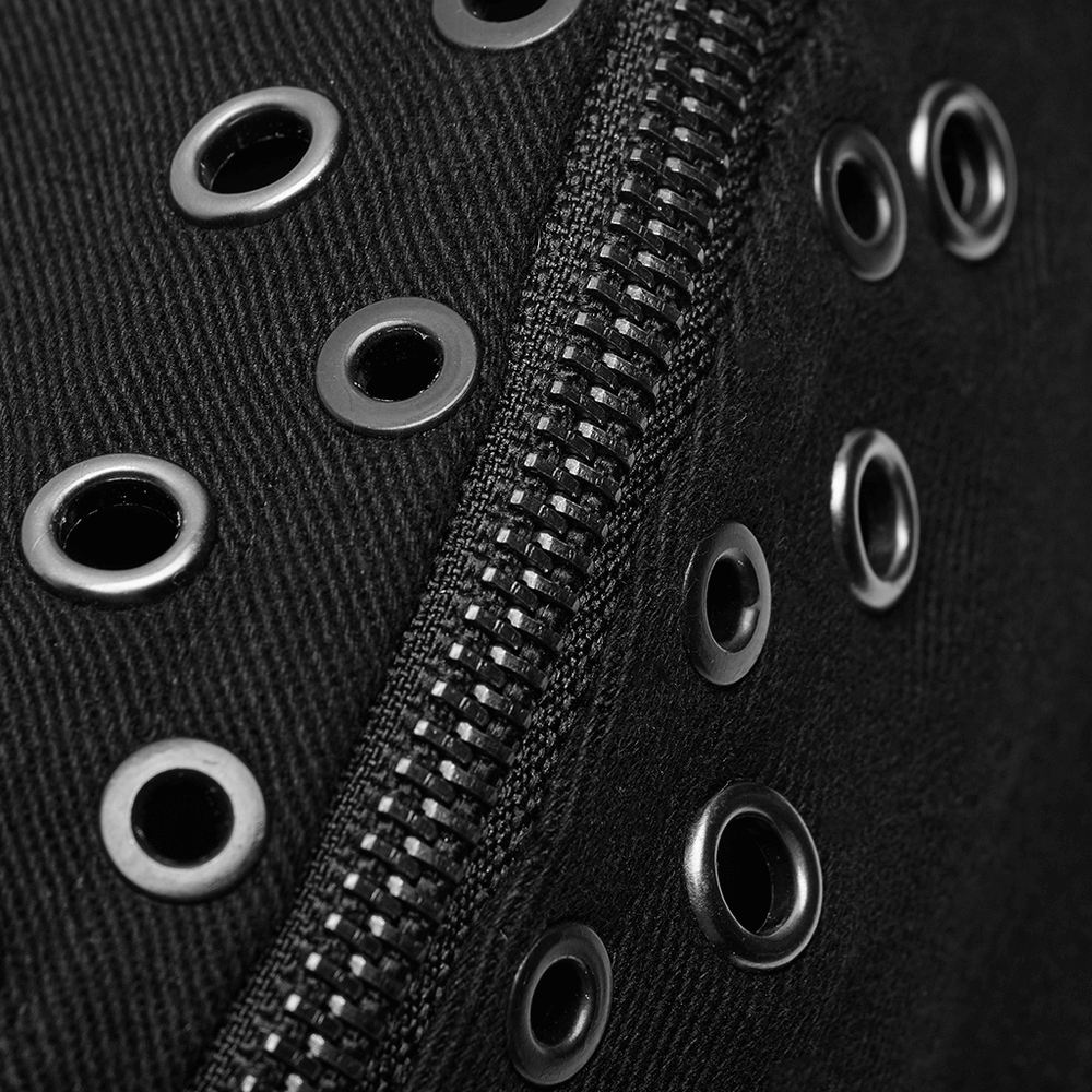 Close-up of the zip and metal grommets on a men's gothic long coat, showcasing punk style and edgy design.