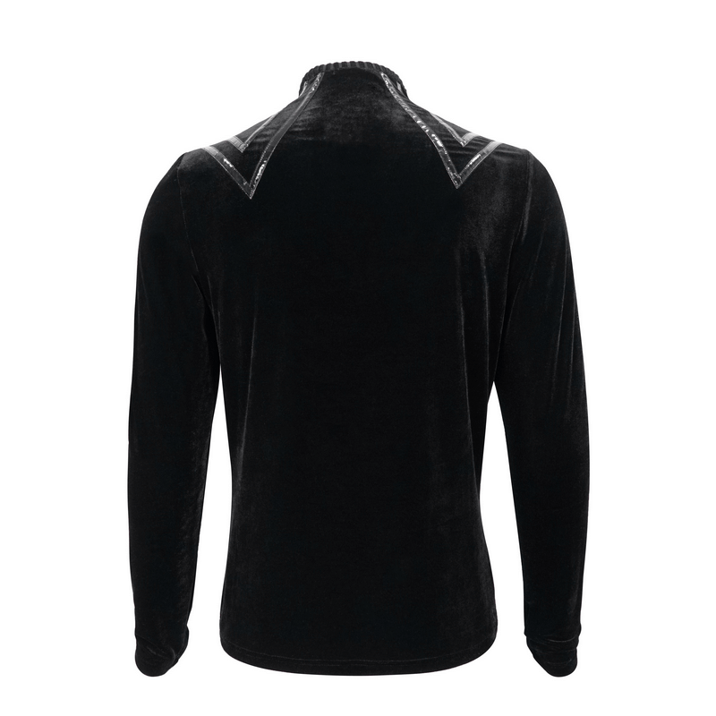 Men's Leather Strips Velvet Top / Gothic Style Long Sleeves Black Top with Buttons