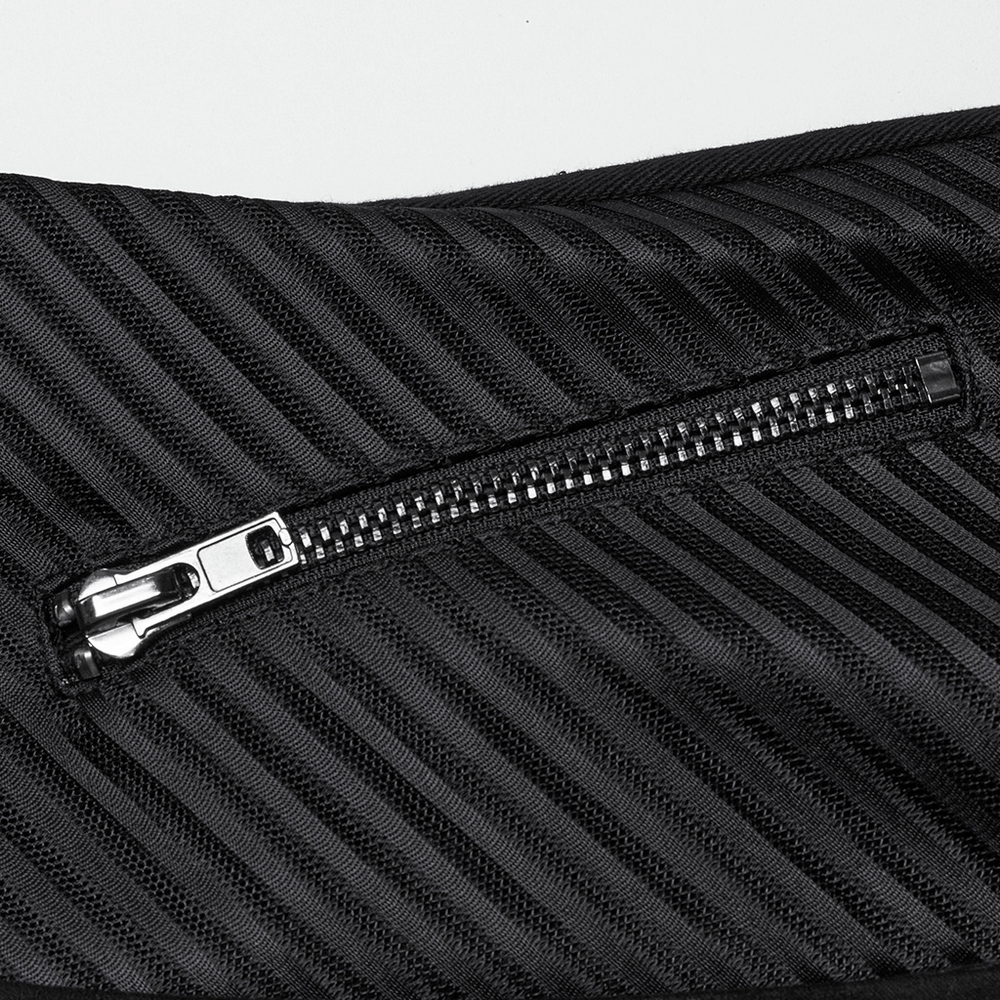 Close-up of the diagonal striped texture and zipper detail on the men’s punk long coat.