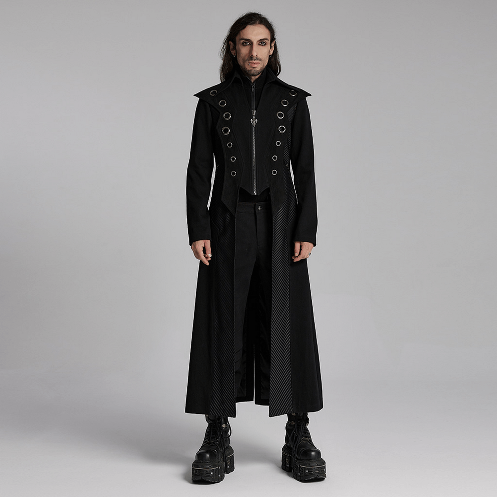 Men's punk long coat with metal details and mesh accents, showcasing avant-garde fashion style.