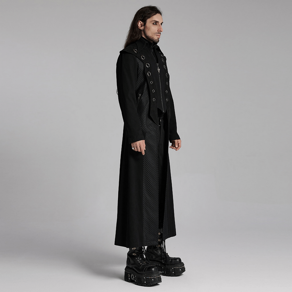 Men’s punk long coat with metal and mesh details, styled in a sleek avant-garde look.