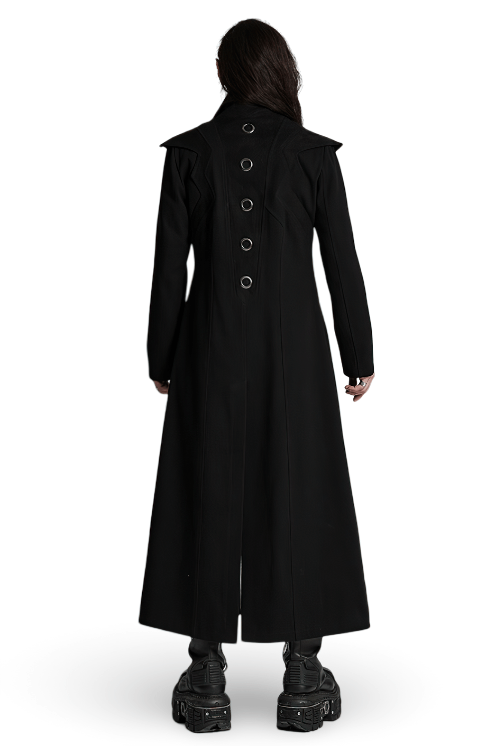 Back view of a men’s punk long coat with metal accents and sleek design, exuding avant-garde style.