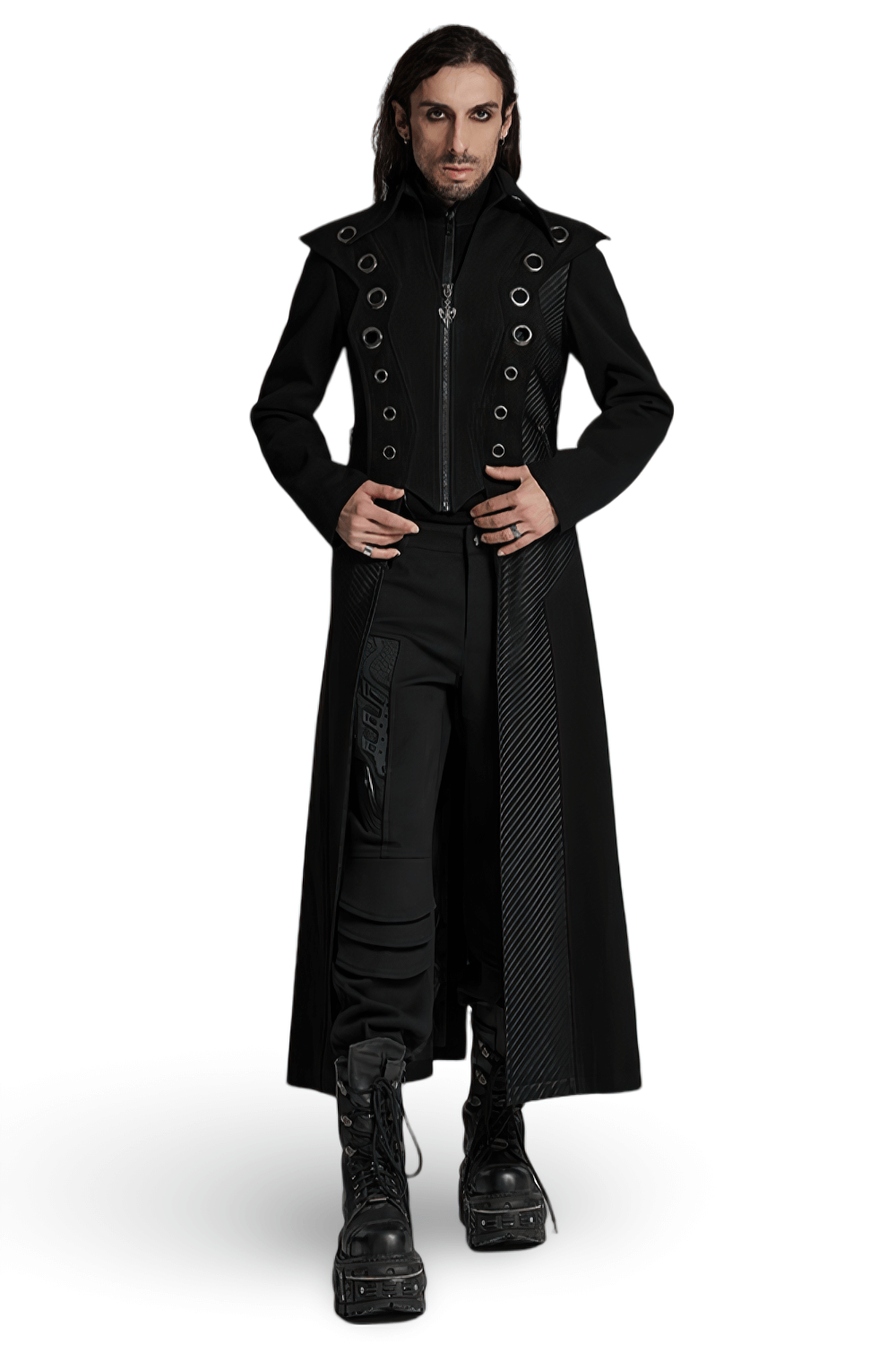 Men's punk long coat with metal accents and mesh details, showcasing a bold avant-garde style.