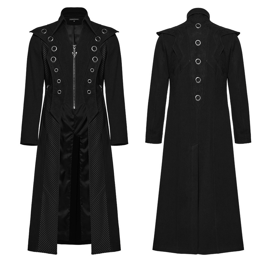 Men’s punk long coat with metal accents and mesh details, showcasing an avant-garde design and stylish structure.