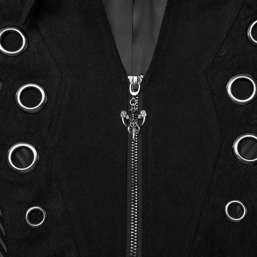 Close-up of the zipper and metal grommets on a stylish men's punk long coat with avant-garde design.