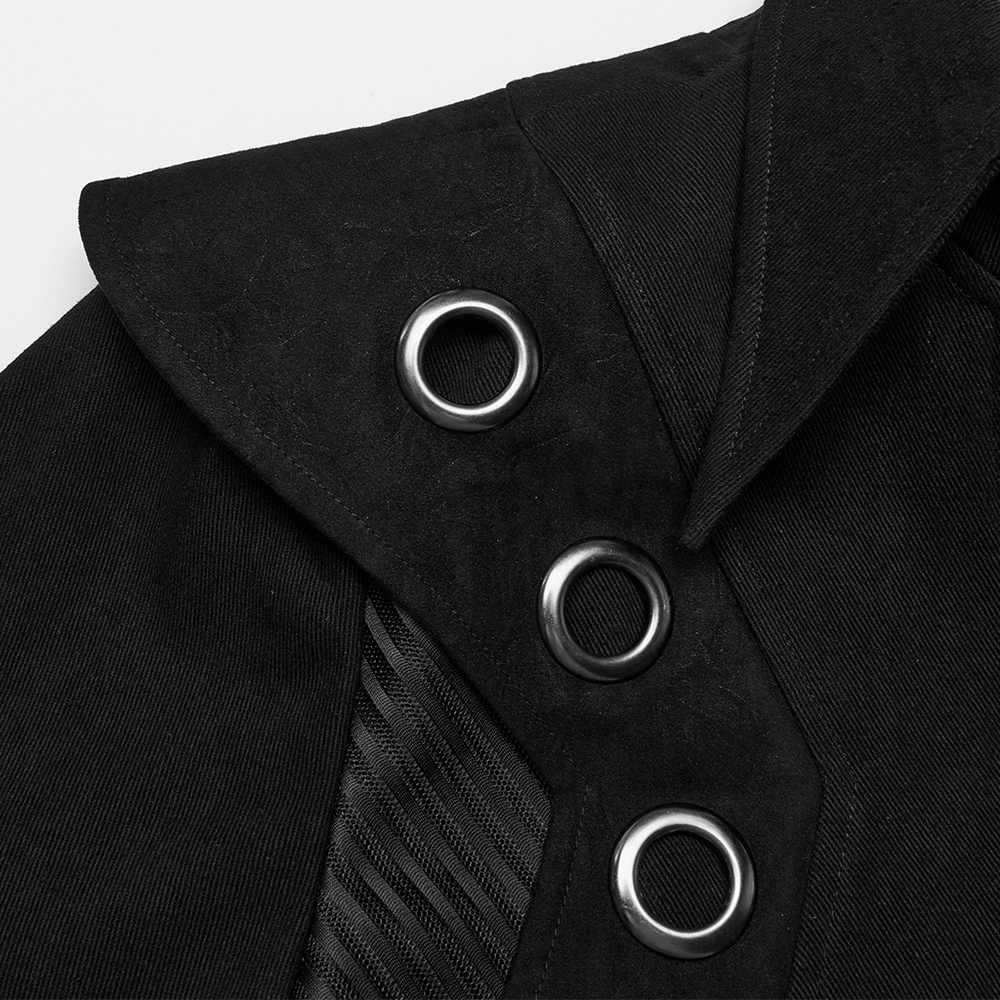 Close-up of men's punk long coat collar featuring metal grommets and striped mesh details in sleek black fabric.