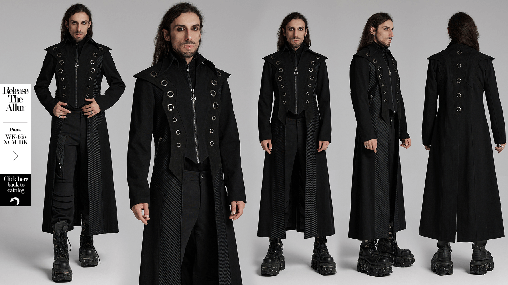 Men's punk long coat with metal details, showcasing avant-garde style and unique design elements.